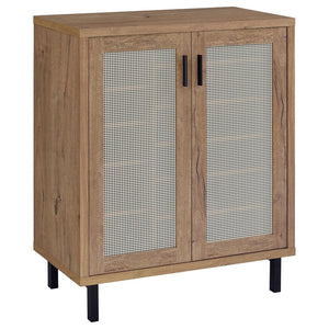 English Elm Stagg Oak Finish Shoe Cabinet with Cane Doors and Black Metal Legs for Entryway B062P451792