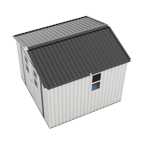 English Elm Outdoor Metal Storage Shed 8x8 Ft with Four Windows and Lockable Double Doors White W1598S00037