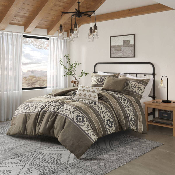 English Elm 5 Stripe Herringbone Comforter Set with Throw Pillows Full/Queen — Southwestern Striped Microfiber Cozy Brown 23.82 L x 19.29 W x 12.2 H B035P266668