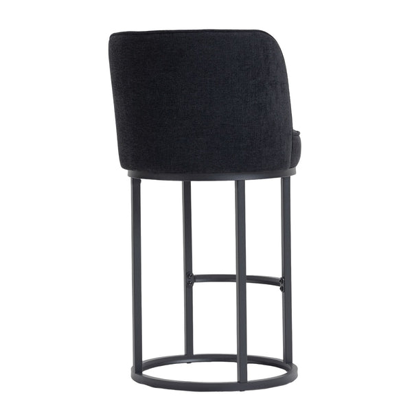 English Elm Counter Height Barstools Set of 2 Linen Upholstered Barrel Seat with Iron Legs Black W395P410438