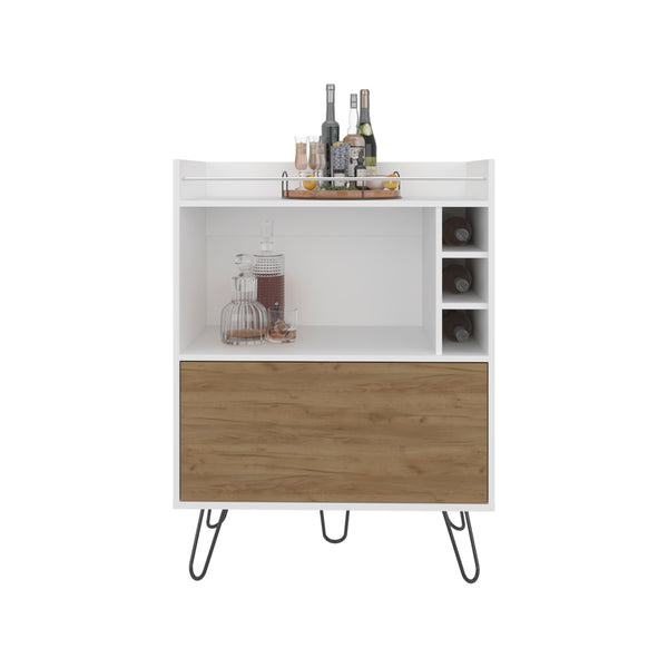 English Elm Platea Modern Bar Cabinet with Hairpin Legs, White & Macadamia Finish, Wine Rack, Shelf, Durable Design B092P286110