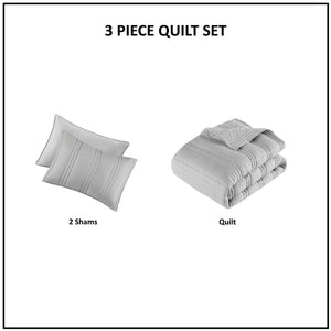 English Elm 3 Pcs King/Cal King Quilt Set - Soft Gray Poly Gauze, Antimicrobial, Lightweight & Easy Care! B035P319904