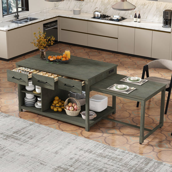 English Elm TREXM Expandable Kitchen Island with Hidden Pull-Out Extension, Built-In Outlets, Retro Storage Wheels Gray XW000023AAE