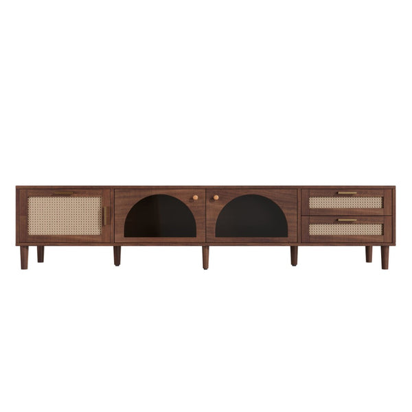 English Elm 86 Inch Rattan Media Console with Led Lighting Two Drawers Modern Living Room Tv Stand N710P438977P