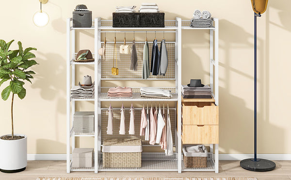 English Elm Open-Style Wardrobe Storage System with Heavy-Duty Metal Frame, Rails, Shelves & Drawers - Sleek Durable Design for Organized Living White SF000087AAK