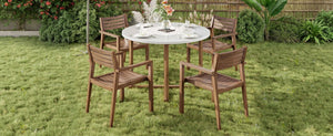 English Elm U_style Solid Acacia Wood Round Outdoor Dining Set Seats Four with Slatted Design Light Gray,Natural & Light Brown WY000475AAD