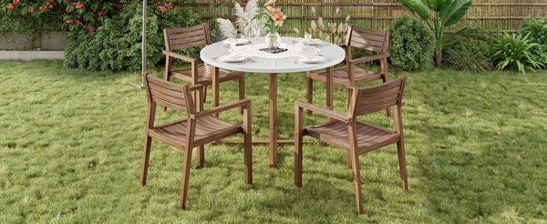 English Elm U_style Solid Acacia Wood Round Outdoor Dining Set Seats Four with Slatted Design Light Gray,Natural & Light Brown WY000475AAD