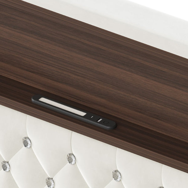 English Elm Queen Velvet Tufted Wingback Platform Bed Tall Headboard with Usb Charging Shelf Beige N733P367135A
