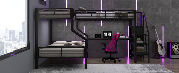English Elm Twin Over Full L-shaped Bunk Bed with Wardrobe Desk and Usb Charging Ports N7500004100B