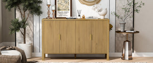English Elm U_style Striped Four Door Sideboard Mdf Buffet Cabinet with Adjustable Shelves for Dining Natural N711P345170O