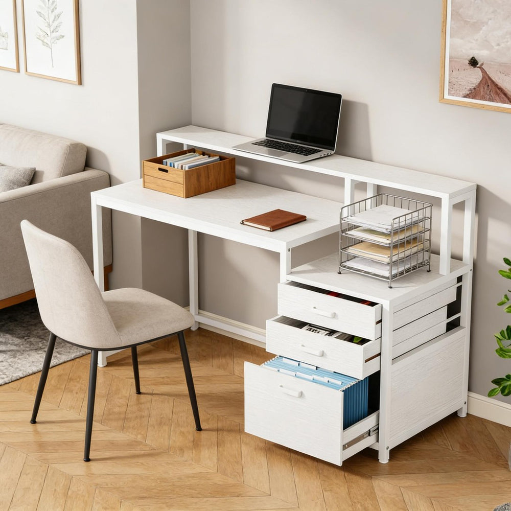 English Elm Sturdy Two-tier Computer Desk with File Cabinet and Monitor Riser for Home Office T3971P450718