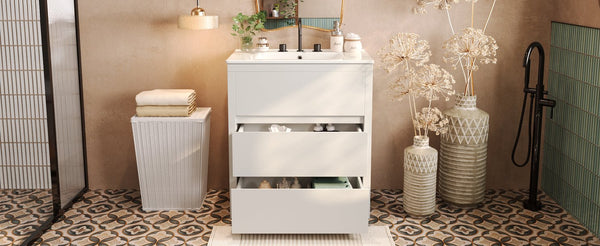 English Elm Christopher Knight Home® - 30" Bathroom Vanity with Ceramic Sink, 2 Soft-Close Full-Extension Drawers, Handle-Free 45° Design, Durable MDF White N817P280549W