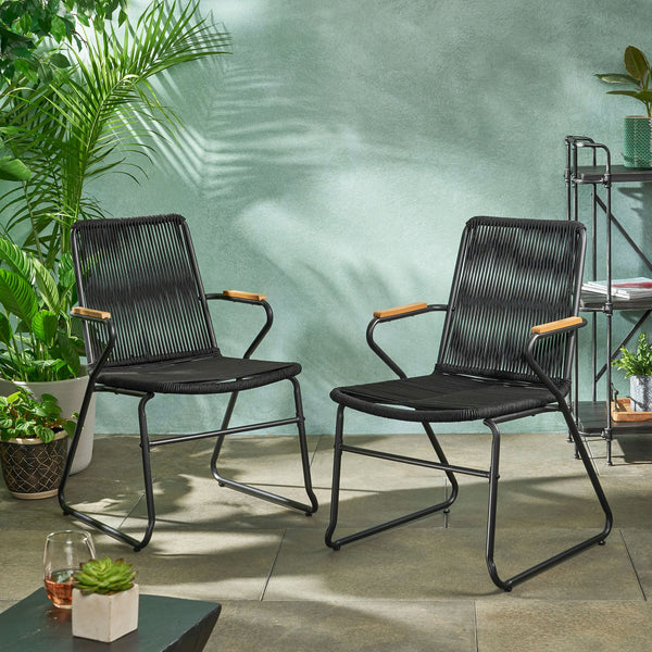 English Elm Christopher Knight Home® - MOONSTONE Black Woven Rope Club Chairs Set – Modern Powder-Coated Iron Frame, Durable Handcrafted Design 67841.00BLK