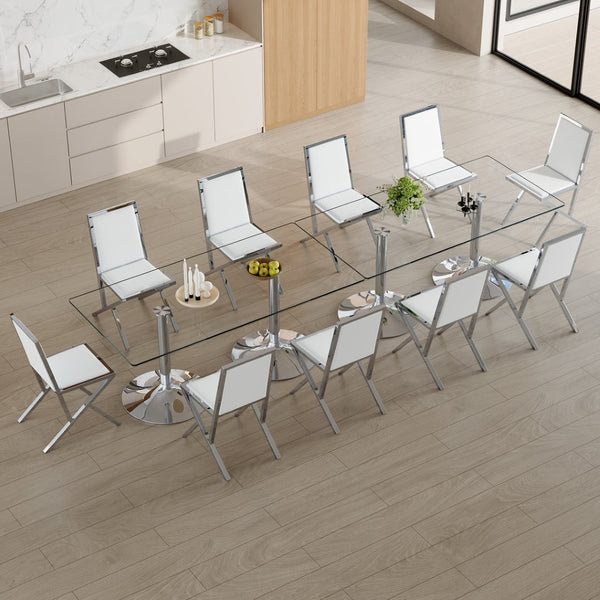 English Elm Table and Chair Set 10 Seat Tempered Glass Dining with Silver Metal Frames White+Silver W1151S04766