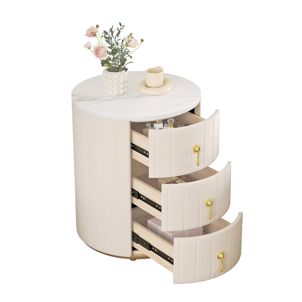 English Elm Upholstered Rounded Nightstand with 3 Spacious Drawers, Marbled Top and Metal Handles, Fully Assembled Beige 24 L x 19.5 W x 18.89 H N733P272609A