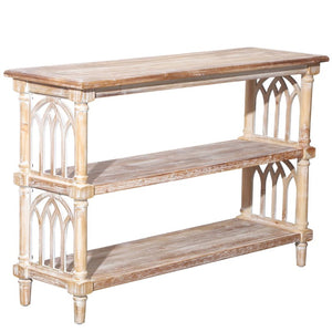 English Elm Rustic 3-Tier Console Table with Gothic Arched Cutouts, 47.24" Antique Natural Wood Entryway Shelf W2295P365031