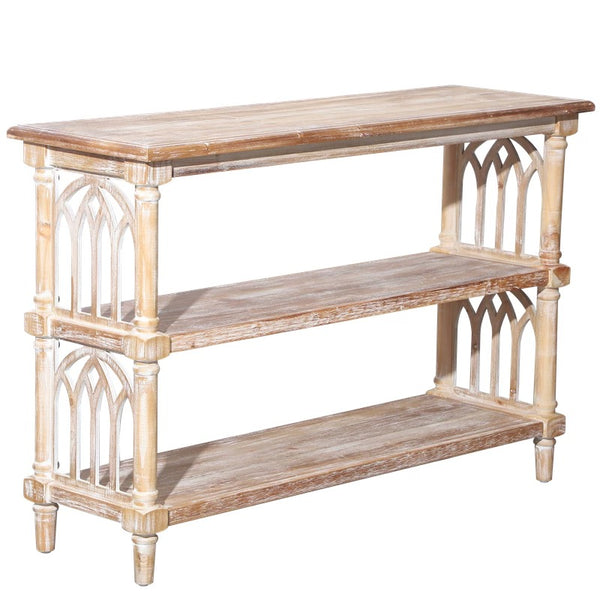 English Elm Rustic 3-Tier Console Table with Gothic Arched Cutouts, 47.24" Antique Natural Wood Entryway Shelf W2295P365031