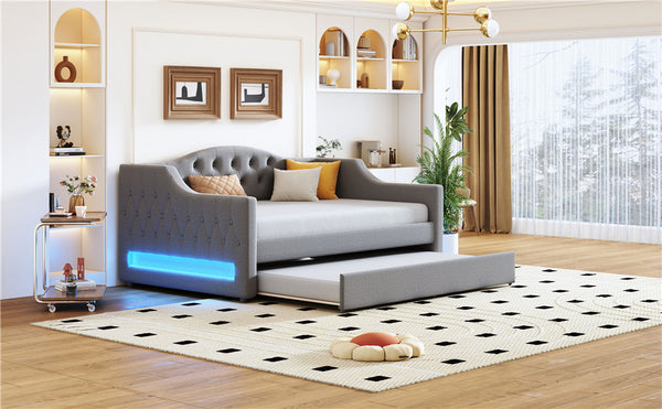 English Elm Upholstered Full XL Daybed with LED Belt and Trundle, Linen Backrest, Modern Silhouette, 450lb Capacity Gray DL002059AAE
