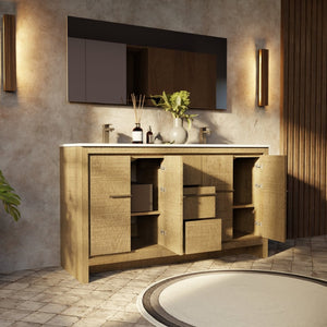 English Elm Rustic Acacia Double Bath Vanity 60" W With White Quartz Top & Gun Metal Faucet Set For Elegant Storage B2731P259212-GIGA