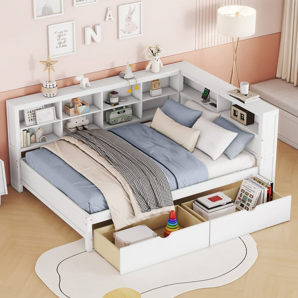 English Elm Wooden Full Size DayBed with Trundle, Pine Frame, Dual Storage Shelf and Built-in USB Charging Ports White 57.7 L x 16.25 W x 6.7 H N733S347772K