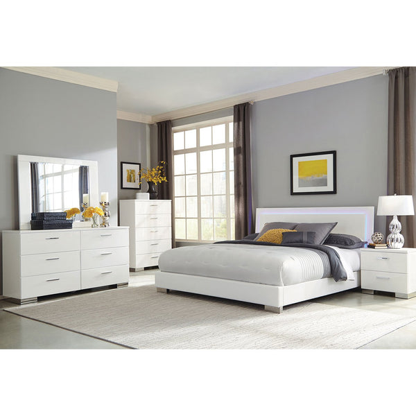 English Elm Dulcey White High Gloss 5-Piece Queen Bedroom Set With Led Headboard, Storage & Modern Elegance B062S01334