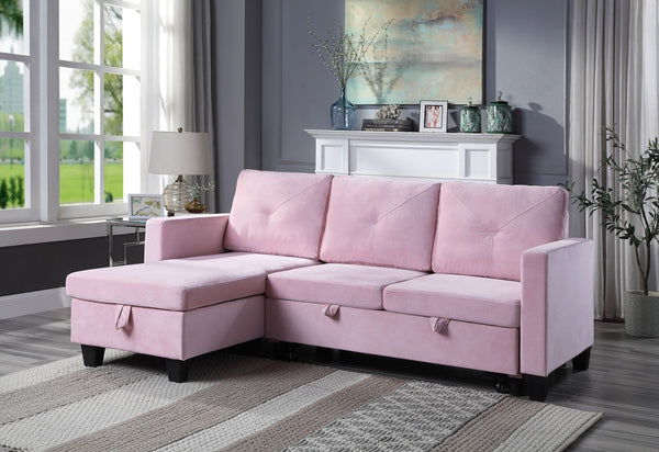 English Elm Novella Velvet Sleeper Sectional with Reversible Chaise and Hidden Storage for Small Spaces Pink B2749S00197