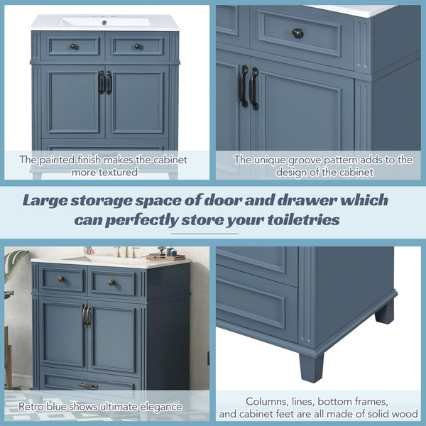 English Elm 30'' Bathroom Vanity with Sink - Retro Solid Wood Frame, Ceramic Basin, Soft-Close Doors & Ample Storage Blue N710P190656C