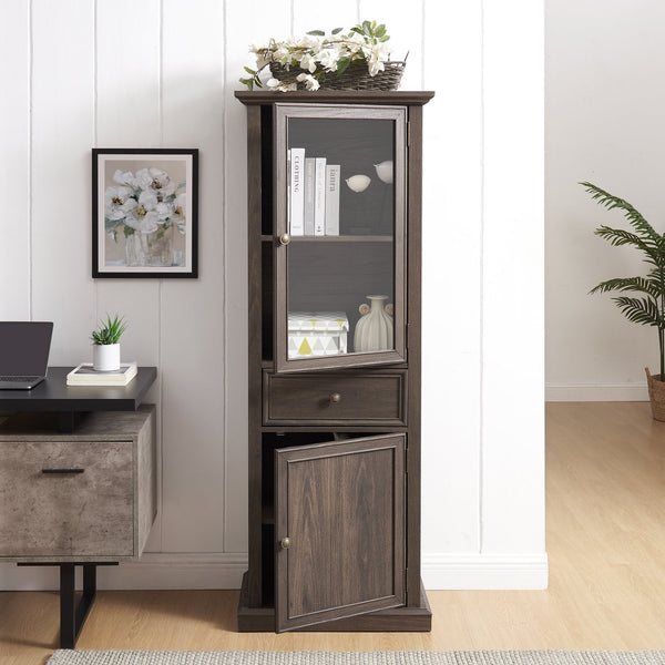 English Elm Tall Glass Storage Cabinet with Classic Farmhouse Design, Ample Shelves, Drawer & Smooth Finish Brown W2275P206603