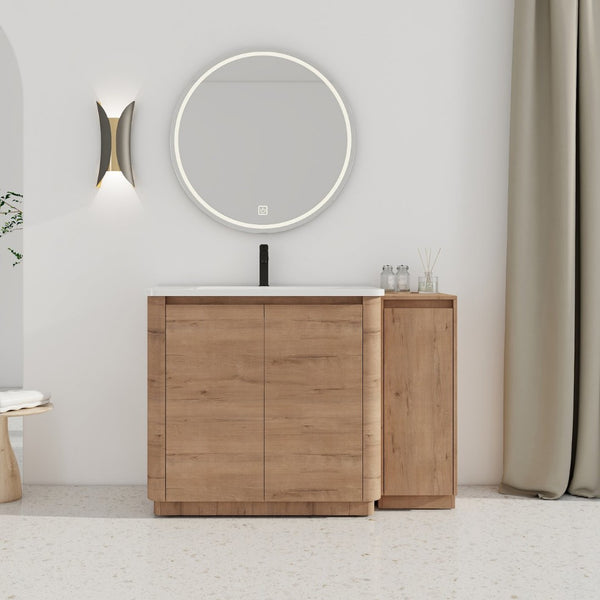 English Elm 48" Floating Bathroom Vanity Dual Ceramic Vessel Sinks Oak Finish Soft Close Doors W999S00512