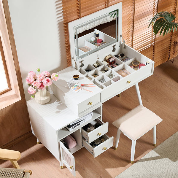 English Elm 3-in-1 Vanity Desk with LED Flip Mirror, Compact Makeup/Dressing Table with Storage Drawers & Stool White N844P291656A
