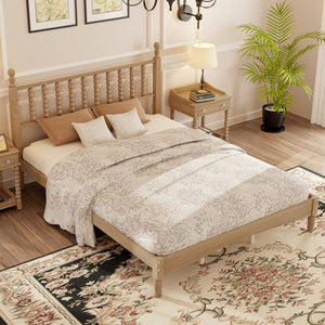 English Elm Queen Wood Platform Bed with Gourd-Shaped Headboard, Retro-Inspired Solid Frame, Slat Support, Sturdy Elegance Natural 64.8 L x 17.5 W x 9.5 H N733P206242M
