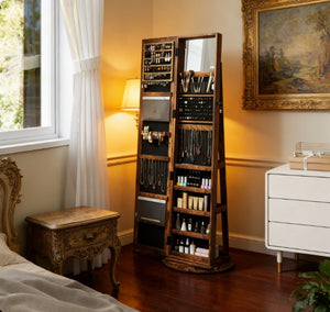 English Elm Robust Rotating Floor Jewelry Armoire with Full Length Mirror and Locking Mdf Cabinet T3971P430644