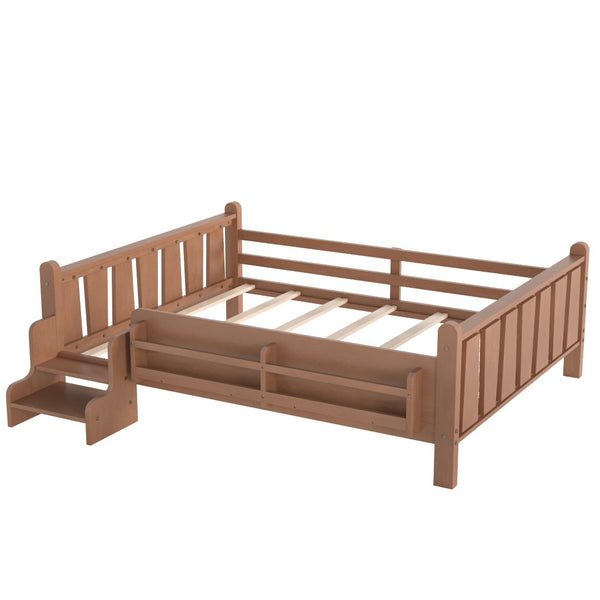 English Elm Twin Pine Floor Bed for Kids with Side Bookcases Built-in Stairs and Safety Guardrails Natural W1580P390225