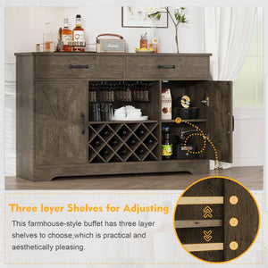 English Elm Coffee Bar Buffet Sideboard with Wine Rack Stemware Holder and Drawers in Oak Gray T3773P417369