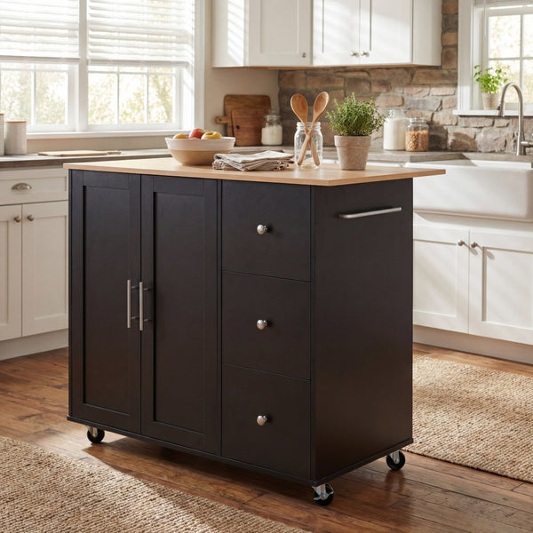 English Elm Mobile Rolling Kitchen Island with 3 Drawers Matte Black Cabinet and Natural Wood Top N779P373196B