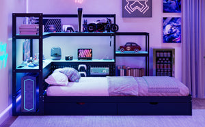 English Elm Twin Gaming Daybed with Led Strips Desk Pegboard Bookcase and Three Storage Drawers Black+Blue N820S00083C