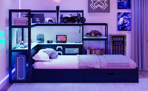 English Elm Twin Gaming Daybed with Led Strips Desk Pegboard Bookcase and Three Storage Drawers Black+Blue N820S00083C