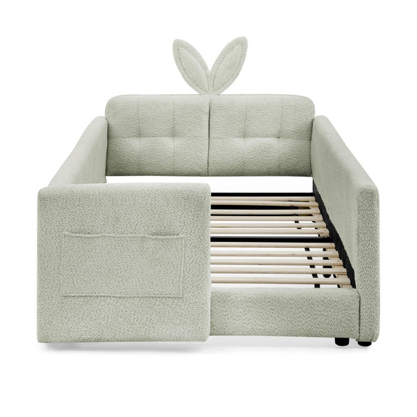 English Elm Twin Boucle Upholstered Kids Bed Whimsical Rabbit Ear Headboard with Safety Rail Cyan W1413P407489