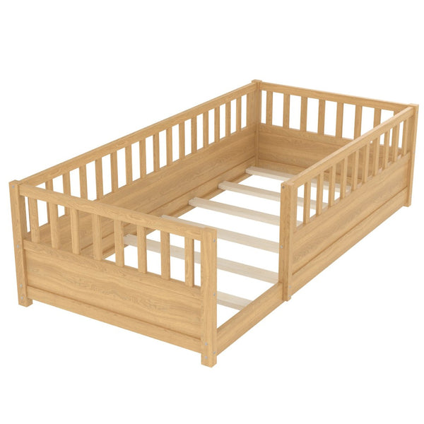 English Elm Twin Montessori Floor Bed Solid Pine Frame with Safety Fence Door for Kids Play Space Natural W1858P382399