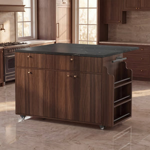 English Elm Kitchen Rolling Cart with Black Marble Top Drop Leaf Drawers and Spice Rack Storage Walnut B2764S00007