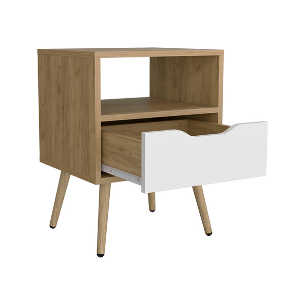 English Elm Kechi Nightstand with Drawer & Open Shelf White with Macadamia Accents – Durable Engineered Wood, Modern Storage Solution B092P286111