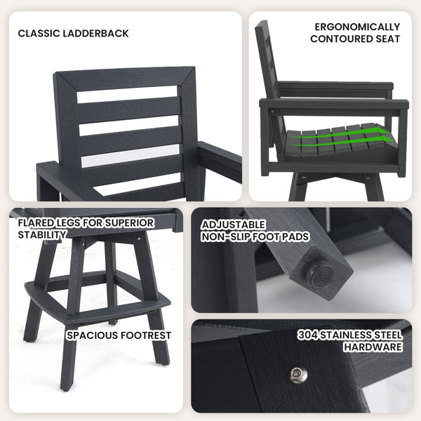 English Elm Outdoor Hdpe Ladderback Swivel Barstool Wood Grain Finish for Poolside Porch Deck Slate Grey W1886P440641