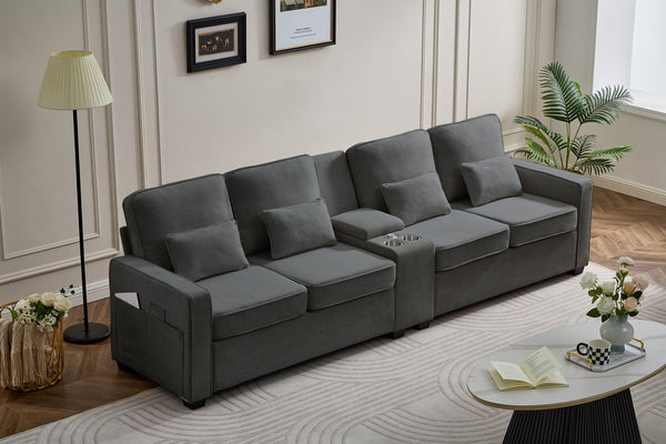 English Elm 114" Modern Upholstered Sofa with Console, Built-In USB & Cupholders, Durable Linen Fabric Comfort Dark Gray W2353S00004