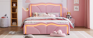 English Elm Full Full Size Upholstered Platform Bed in Pink with Curved Headboard, 3-Height Adjust, LED Strips, Sturdy Frame WF323749AAH