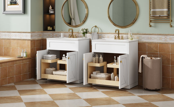 English Elm 60'' Bathroom Vanity Set With Glossy Ceramic Sink, Modern Cabinet, Gold Handles & Soft-Close Doors N710SS00005K