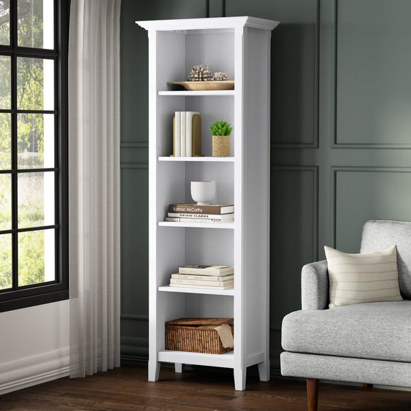 English Elm Amherst pine 24-inch 5-shelf bookcase — slim tall storage with crown molding, adjustable shelving, eco finish White B136P364307
