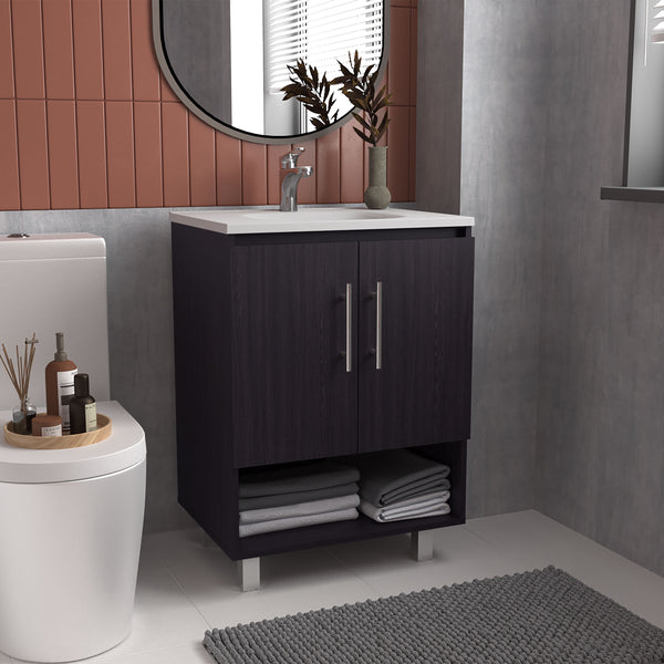 English Elm Bathroom Vanity Black Wengue Engineered Wood, 2 Doors 4 Shelves – Modern Compact 33.2" H x 23.6" W B097P369431