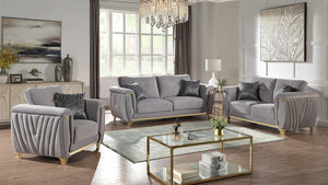 English Elm Leena Contemporary 3Pc Living Room Set With Plush Gray Upholstery & Gold Accents For Modern Elegance B009S01439
