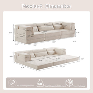 English Elm Compression Mahjong Sofa - Versatile Convertible Floor Bed, Soft Fleece, No Assembly, 3 Pillows W3723S00019