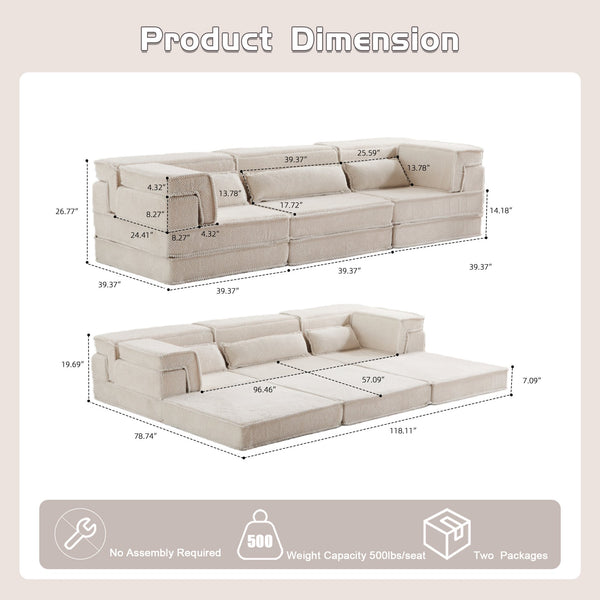 English Elm Compression Mahjong Sofa - Versatile Convertible Floor Bed, Soft Fleece, No Assembly, 3 Pillows W3723S00019